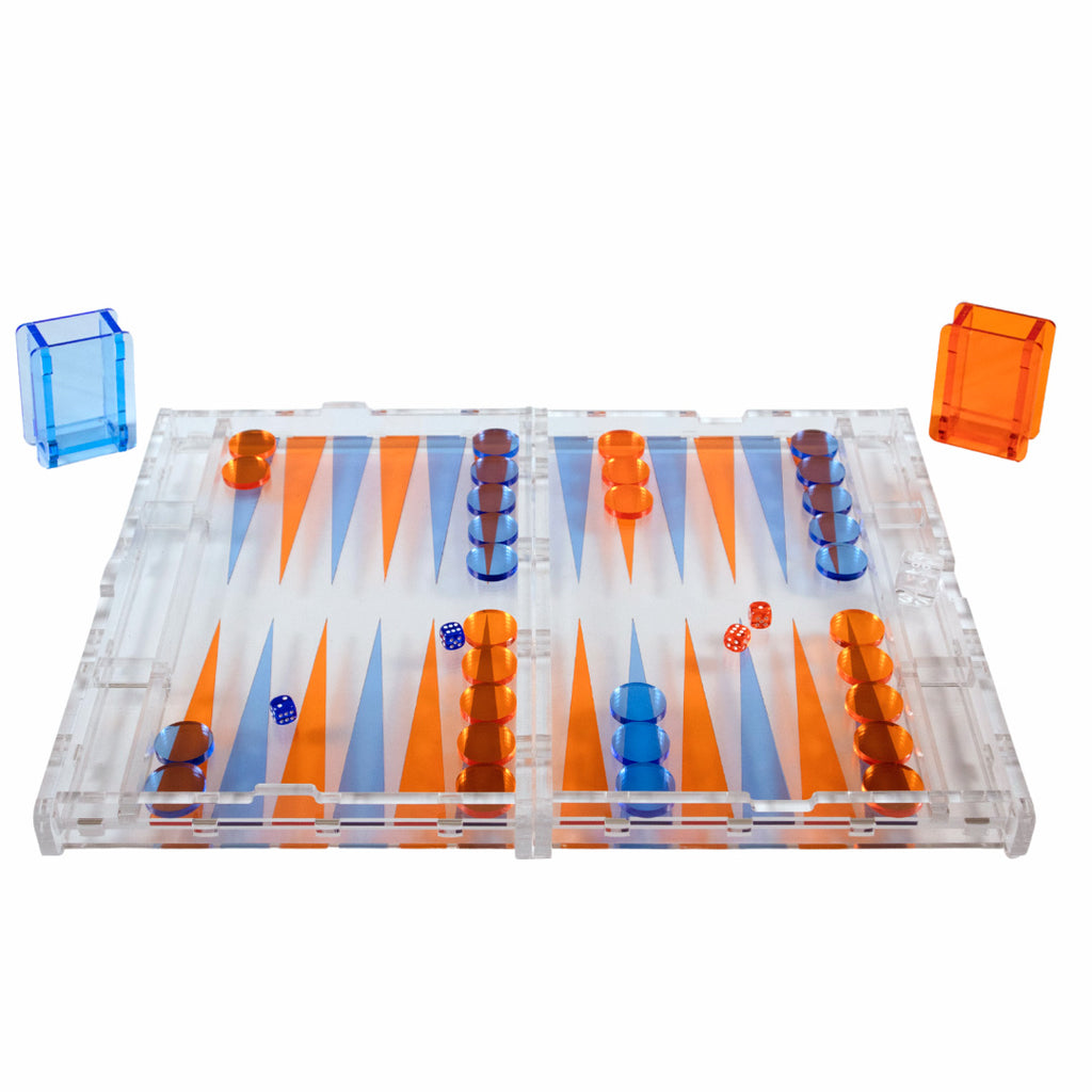 Inlaid Acrylic Backgammon. Clear, blue and orange. Game play
