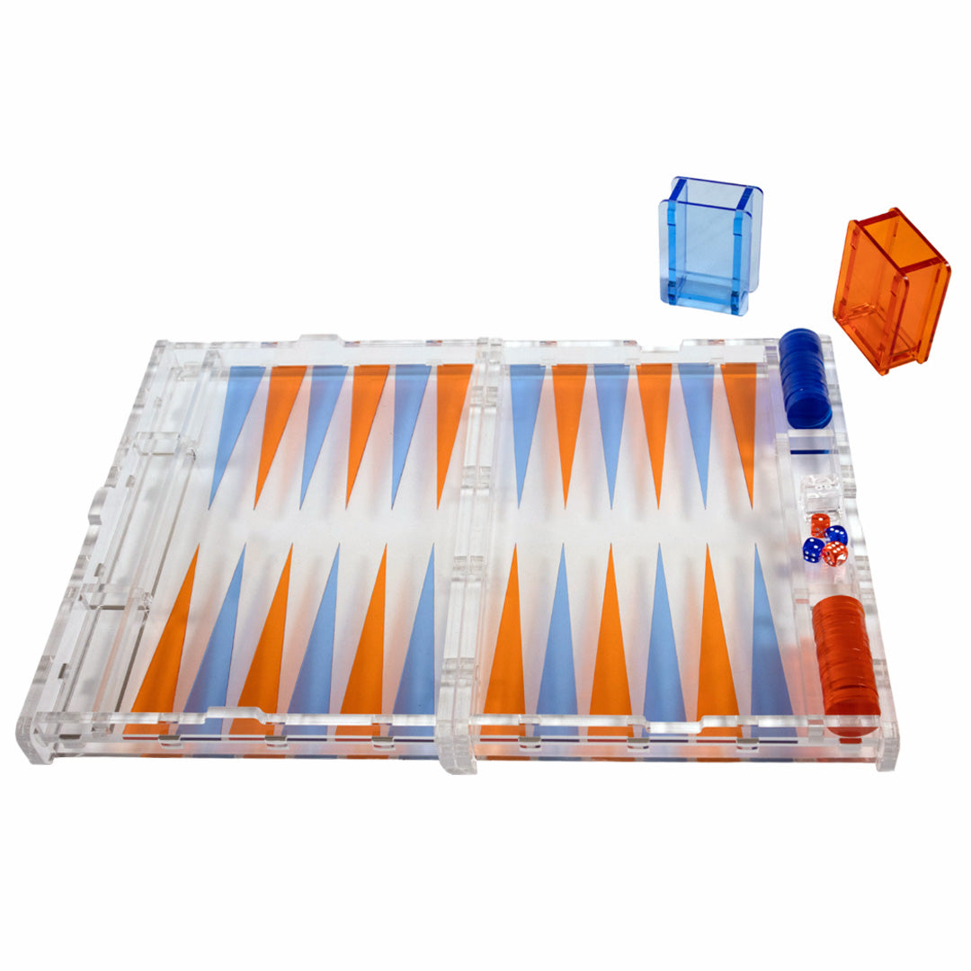 Inlaid Acrylic Backgammon. Clear, blue and orange. Open