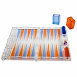 Load image into Gallery viewer, Inlaid Acrylic Backgammon. Clear, blue and orange. Open

