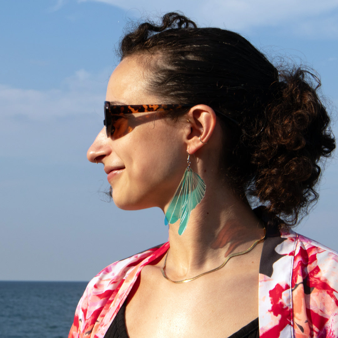 Iridescent Acrylic Grasshopper Wing Earrings - 3.75 inch