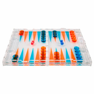 Inlaid Acrylic Backgammon - Clear, Blue & Orange - Medium