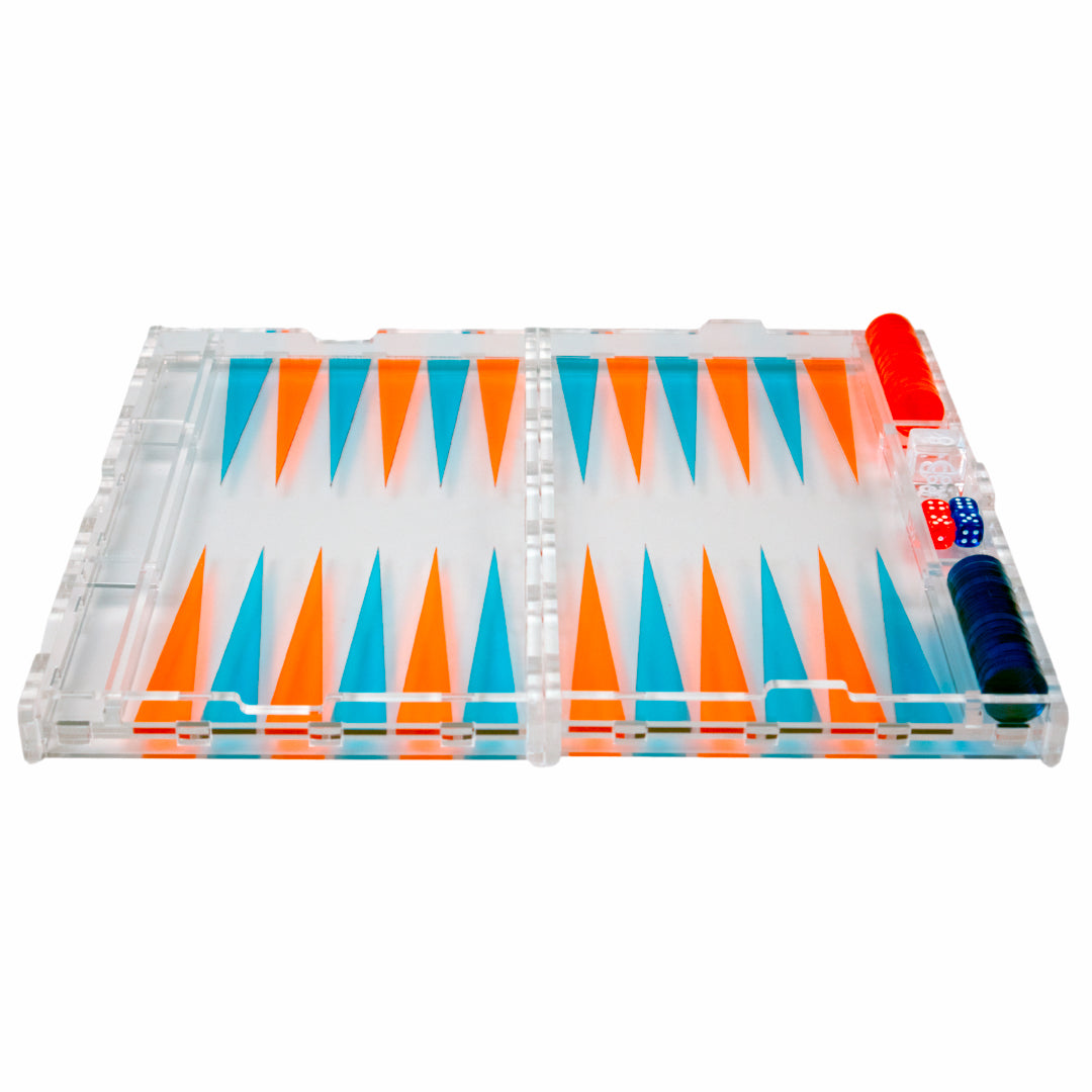 Inlaid Acrylic Backgammon - Clear, Blue & Orange - Medium