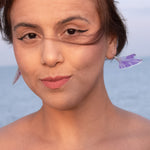 Load image into Gallery viewer, Woman wearing iridescent acrylic and resin dragonfly wing earrings
