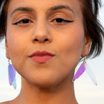 Load image into Gallery viewer, Close up of person wearing Praying Iridescent acrylic and resin Mantis Earrings
