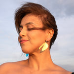 Load image into Gallery viewer, Woman wearing Iridescent Acrylic and Resin Grasshopper wing earrings
