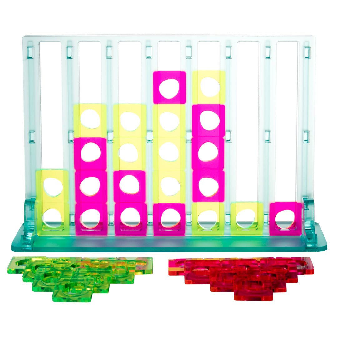 Acrylic Four In A Row – <i>Off Kilter<i> – Sea Foam Green, Fluorescent Pink and Yellow