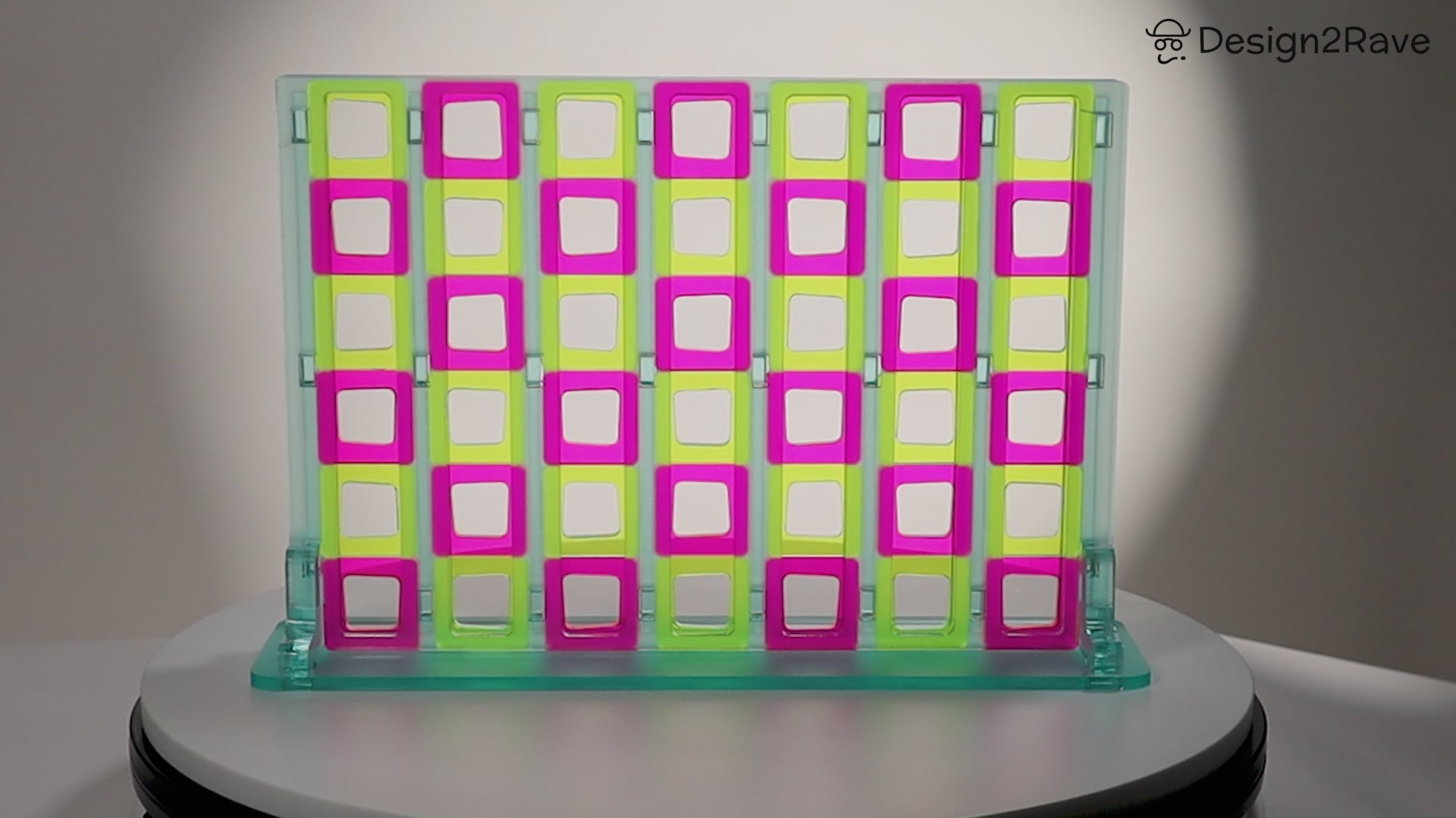 Acrylic Four In A Row – <i>Tilted Frames<i> – Sea Foam Green, Fluorescent Pink and Yellow