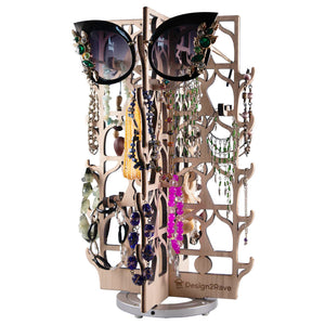 Maple Rotating Jewelry Organizer – Dancer Collection with sample jewelry and sunglasses