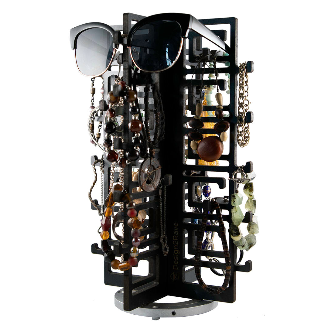Wood Rotating Jewelry Organizer – Chinoiserie Collection with sample Jewelry and Sunglasses