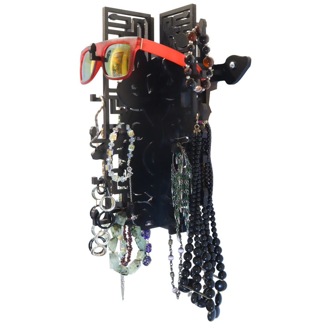 Wall Mounted Jewelry Stand with sample jewelry and sunglasses