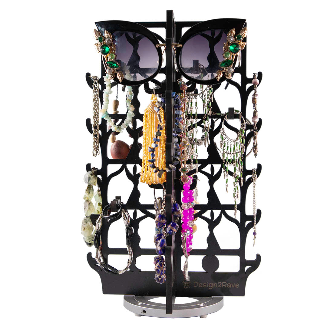 Wood Rotating Jewelry Organizer – Dancer Collection with sample sunglasses and jewelry